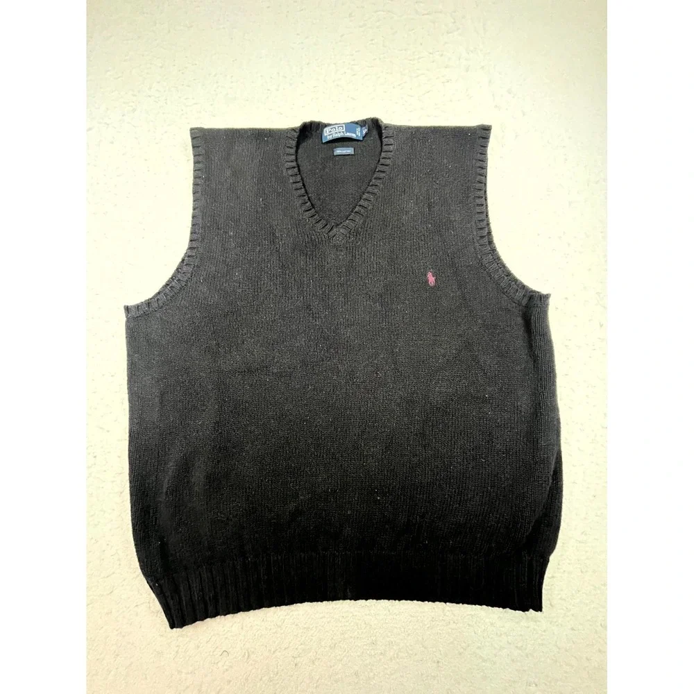 Polo Ralph Lauren Sweater Vest Mens XL Black Tight Knit Ribbed Pony Logo V Neck